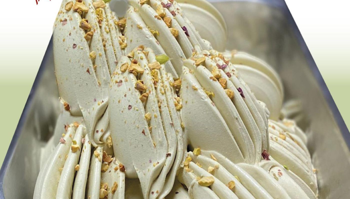Pistachio gelato topped with pistachio grain