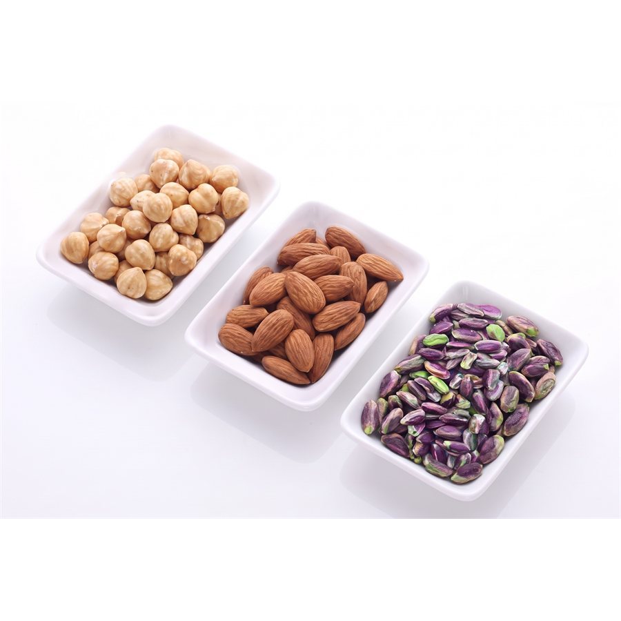 Trays of hazelnuts, almonds and Bronte pistachios